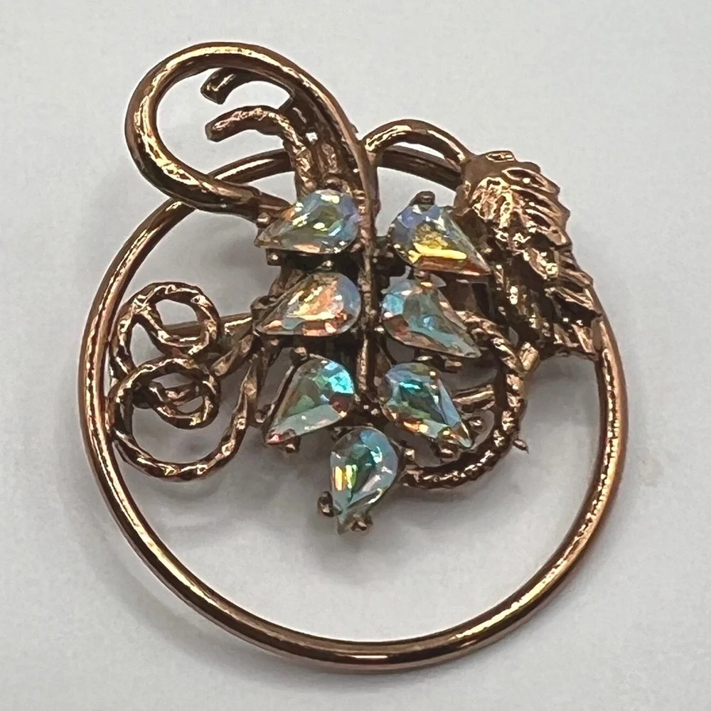 Vintage Grape Brooch Copper Tone AB Beads Aurora Borealis Round Pin